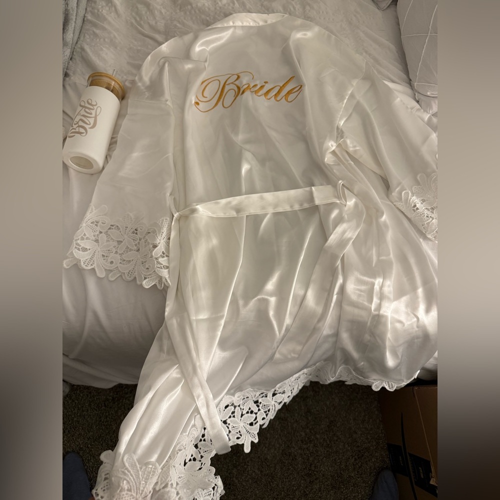 White Satin Bride Robe with Lace Trim and matching bride water bottle
